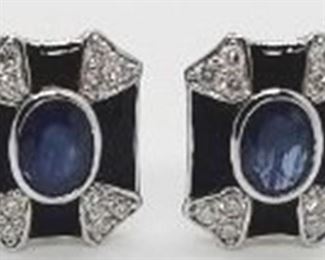 7z - Platinum sapphire corundum & diamond earrings Two oval cut natural sapphire corundum gemstones are mounted in the center of the earrings. Round brilliant cut diamonds accent the earrings around and on both sides of the gemstones. Total weight approx 15.5 grams.