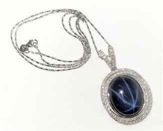 10z - 14k Gold Diamond & Sapphire Pendant w/ Link Chain 14k White Gold necklace w/ one natural sapphire set in Bezel setting, 24.72 cts, Brilliant cut diamonds 1.62 cts