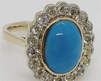 18z - Lady's "Sleeping Beauty" Turquoise & Diamond Ring Size 6.5 14kt Yellow Gold Mounting 18 Brilliant Cut Diamonds - 1.05 ctw Natural Turquoise - 3.80 carat