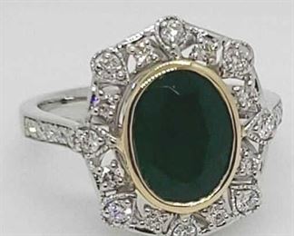 21z - 18kt Yellow & White Gold Emerald & Diamond Ring Size 6.5 Emerald weight 2.06 carat 26 Round Brilliant Cut Diamonds weight .40 cts approx