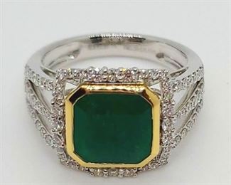 22z - 18kt Yellow & White Gold Emerald & Diamond Ring Size 6.5 Emerald weight 3.08 carat 68 Round Brilliant Cut Diamonds .61 cts approx
