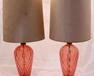 23 - Vintage pair blown cranberry lamps one shade broken & damaged 30"