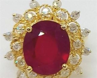 23z - 14kt Yellow Gold Diamond & Ruby Ring Size 7.5 Center Natural Ruby Composite, weight 11.67 cts Natural Diamonds round Brilliant Cut weight 1.30 cts