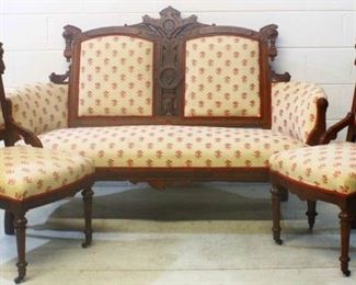 24 - Victorian Walnut Carved 3-piece Parlor Set Settee & 2 chairs 38 x 19 x 22 One piece of carving needs to be glued on