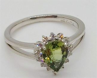 27z - Platinum Green Sapphire & Diamond Ring Size 6.5 Rare Unheated Sapphire GIA Certified weighs 1.18 carats 14 Genuine round diamonds weighing .24 carats approx