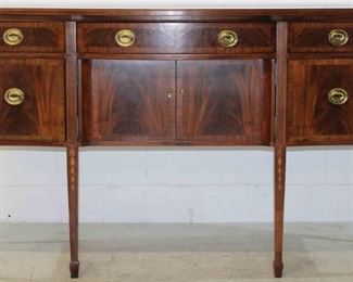 60x - Flaming Mahogany Bow Front Inlaid Sideboard Lincoln Drape Inlay on Tapered legs Pinwheel Rosette Inlaid on Top Polished Brass Hardware 40 x 65 x 23