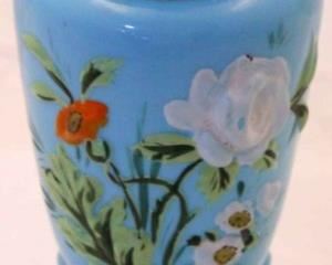 123 - Hand painted blue Bristol glass vase 9 1/2"