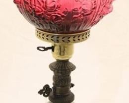 164 - Tall Fenton cranberry globe lamp 25"