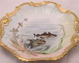 190 - Limoges Porcelain painted fish plate - gold trim 8"