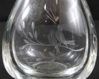 233 - Heavy art glass vase with etched birds 4 1/2 Signed in script "E2648"