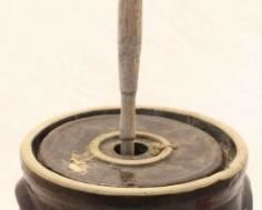 279 - Vintage brown & white 3 gallon churn with dasher 28" x 9 1/2