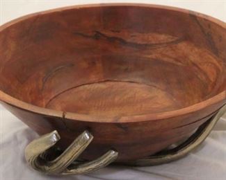 327 - Wooden bowl on antlers 6 1/2 x 16