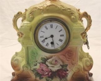 329x - Antique French Porcelain Mantle Clock w/ key 12 x 14 x 6