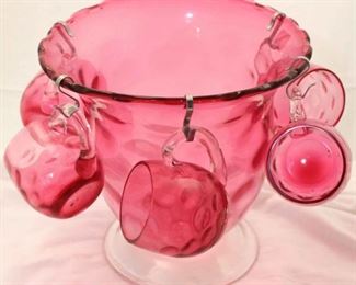333 - Blown cranberry punch bowl with 5 cups 9 1/2 x 10