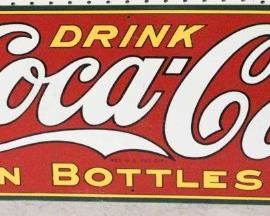 343 - Vintage metal 5 cent Coca Cola sign 12 x 36