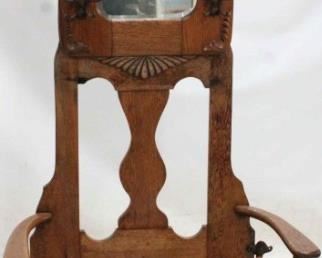 383 - Vintage carved oak hall seat, beveled mirror lift seat, umbrella rack loss on mirror 74 x 34 x 18