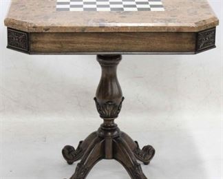 393 - Butler Specialty marble top game table with carvings, pedestal base 30 x 30 x 30