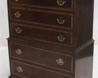 422 - Hickory White banded inlay tall chest on chest 57 x 37 1/2 x 19 American Masterpiece Collection mahogany wood
