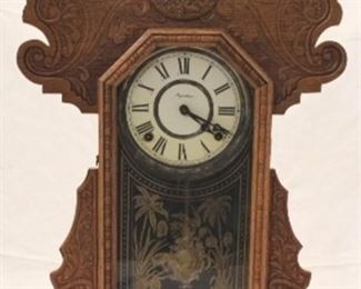 567 - Ingraham Carved Mantle Clock w/ key & pendulum 22 1/2" x 13 1/2" x 5"