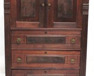 821 - Vintage Victorian carved walnut bonnet top chest with carved gallery, 2 doors at top normal wear 63 x 35 x 19