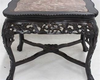 831 - Vintage heavily carved marble inset coffee table Asian influence 19 1/2 x 22 x 17