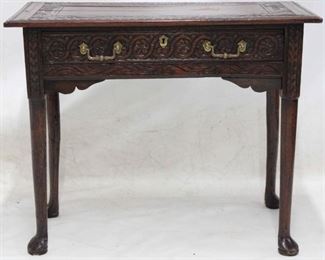 844 - Vintage heavily carved English oak 1 drawer table 29 x 35 1/2 x 18