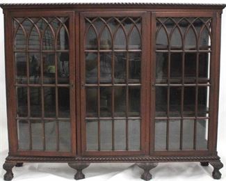 845 - Early Chippendale carved mahogany 3 door bookcase carved ball & claw feet 57 x 70 1/2 x 15