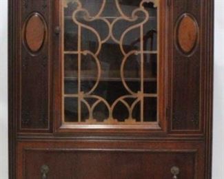 854 - Vintage carved Jacobean china cabinet 72 x 37 x 15 some veneer loss
