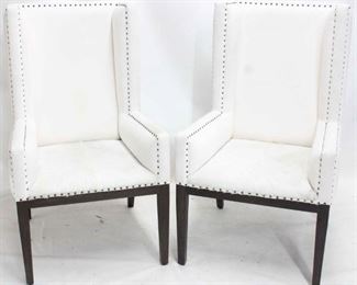 855 - Matched pair Guildmaster upholstered wing chairs faux cow hide seats nail head trim does have staining to upholstery - needs cleaning 49 x 27 x 27