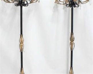 858 - Early 19th century wrought iron tall candelabra gilt trim, prisms 87" tall