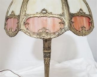 1002 - Vintage slag glass lamp 8 panel design, one slag panel missing, cloth cord 22.5" tall - shade is 16" wide