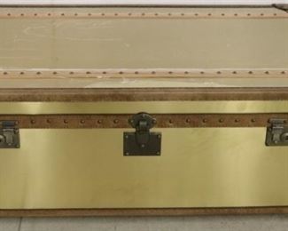 1448 - Lazzaro brass trunk style coffee table w/drawers 18 1/2 x 44 1/2 x 28 1/2 New - w/ leather trim