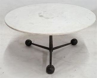 1450 - Sarreid marble top & iron base coffee table some staining to marble 17 x 32 diameter