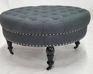 1449 - New Powell round tufted ottoman nail head trim 18 x 33 diameter