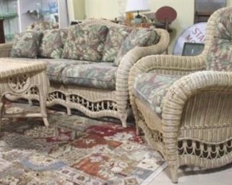 2560 - 3 pc Wicker sunroom group - sofa, chair, table sofa 36 x 82 x 34 chair 40 x 33 x 26 table 24 x 29 1/2 x 23 few worn spots & stains