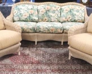 2563 - 3 pc Tradewinds wicker sunroom set sofa 36 x 78 x 25 2 chairs 35 x 32 x 22 some stains