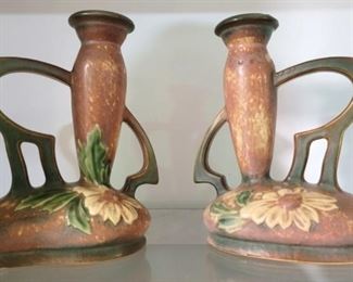 2990 - Pair Roseville Dahlrose bud vases 7 1/2" tall