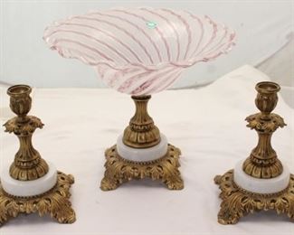 3005 - Balboa Venetian glass 3 pc console bowl set Metal & marble base and candles Blown venetian ribbon glass with gold flecks