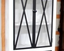 4070 - New painted 4 door tall cabinet, metal fretwork 85 x 39 1/4 x 18
