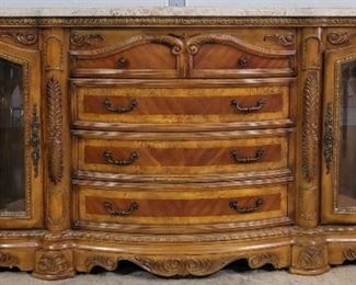 4110 - Ornately carved & inlaid china buffet by Collezione Europa curved glass side doors inlaid marble top 42 1/2 x 76 x 21
