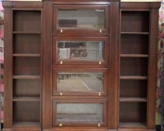 6111 - Mahogany 3 section bookcase Fleur - De - Lis handles beveled glass in lift up doors 82 x 88 x 16 Some flaws