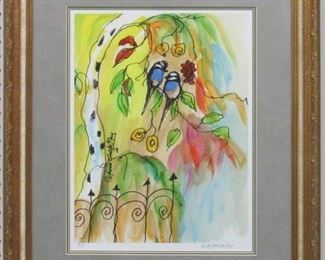 9059 - LOVE BIRDS GICLEE A.P. & PENCIL SIGNED BY Anna Sandhu Ray 22 X 26.5