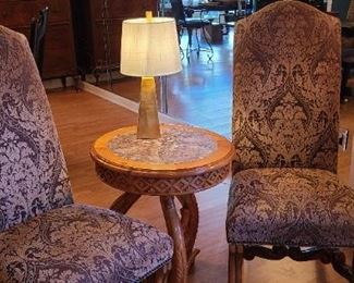 Set of 6 of these Chairs. 2 Armchairs, 4 Side Chairs. Occasional Table with marble insert. Gold Gilded Lamp 