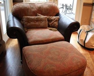 Leather & upholstered easy chair & ottoman