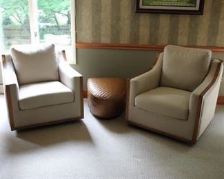 Pair swivel armchairs & Restoration Hardware leather ottoman