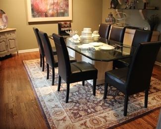 Dining set - bevelled edge with travertine bases and leather chairs