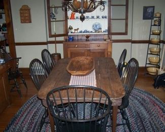 OLD FARM TABLE, WINDSOR CHAIRS, WOODEN TRENCHER, RAG RUG & MISC.