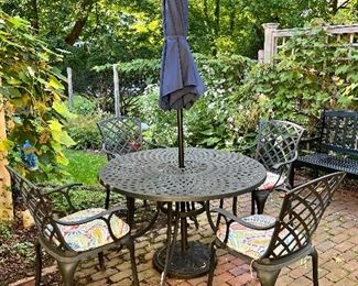 Outdoor table, 4 chairs and umbrella