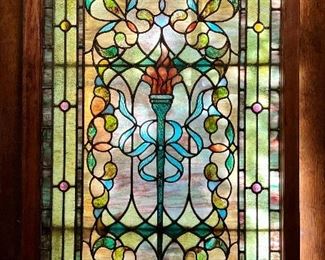 Exceptional Antique Stained Glass Window in wooden frame, taken from estate in Brookline