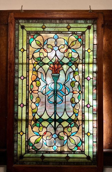 Exceptional Antique Stained Glass Window in wooden frame, taken from estate in Brookline